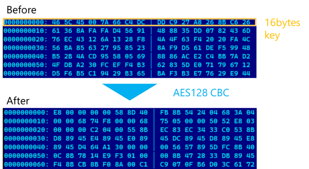 داده های DIFX (قبل) و shellcode رمزگشایی شده (بعد)