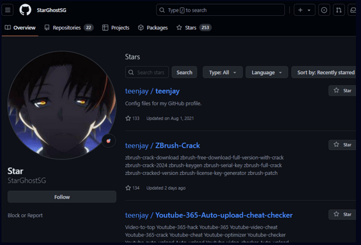 اکانت Stargazer Ghost در GitHub