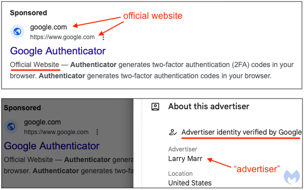 تبلیغات جعلی برای Google Authenticator