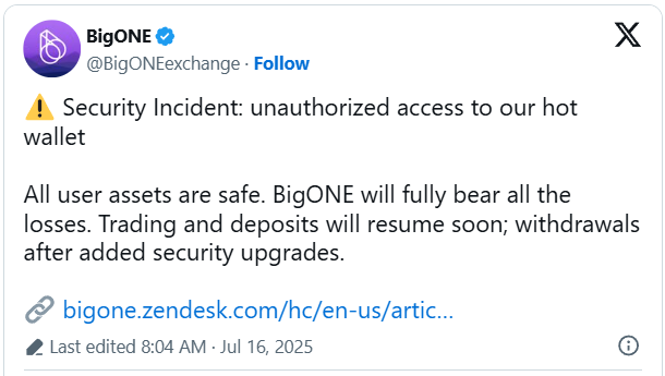 Hacker steals $27 million in BigONE exchange crypto breach گروه والنربایت vulnerbyte